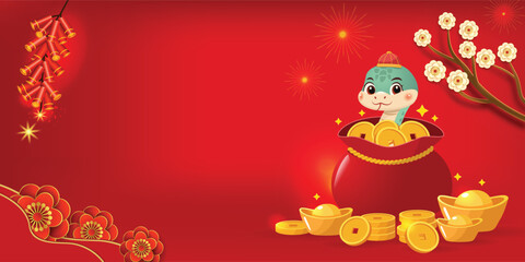 A festive Chinese New Year, a cute snake surrounded by gold coins and firecrackers. 
