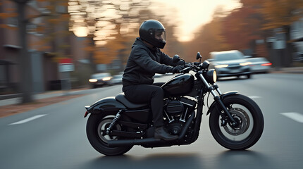 Motorcyclist in black jacket and helmet riding a chopper bike on the street  