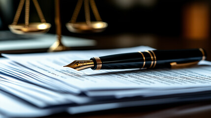 banner for law firm, pen lies on a sheet of paper, photorealistic rendering