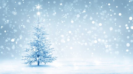 Minimalist Christmas tree silhouette with soft glowing lights and snowflakes gently falling in the background. Modern and sleek design perfect for holiday banners and ads. Copyspace.
