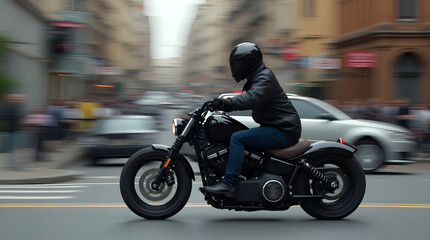 Fototapeta premium Motorcyclist in black jacket and helmet riding a chopper bike on the street 