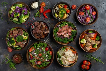 Spicy Salads Set, Salat Collection with Beef Meat and Vegetables Salats Top View, Restaurant Buffet Menu