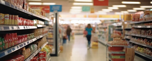 Grocery shoppers browsing through aisles filled with snacks and packaged goods in a supermarket during a busy afternoon