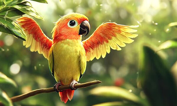 A Brightly Colored Parakeet Perched on a Branch with Wings Spread