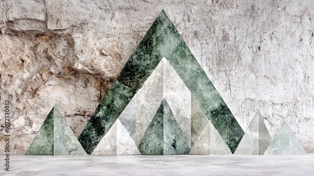 Aufkleber abstract geometric composition with triangular shapes in green and white tones against a textured ne