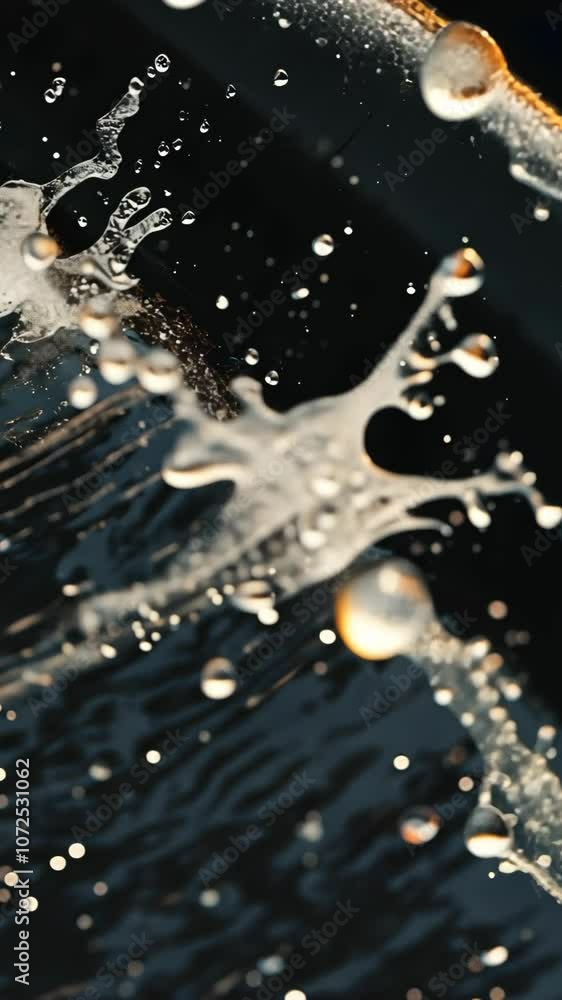 Poster water droplets splash and create a pattern on a dark surface