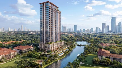Obraz premium Modern Skyscraper Overlooking Scenic Waterway with Urban Skyline and Lush Greenery in Background, Showcasing Contemporary Architecture and Urban Living