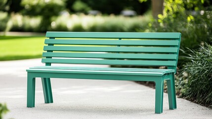 Recycle, reuse and renewal concept. Outdoor bench crafted from recycled plastic, placed in a green park, representing environmental renewal and recycling.