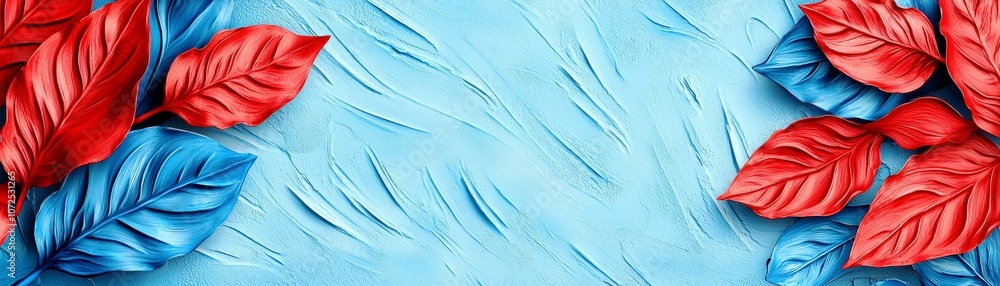Poster vibrant red and blue leaves on a soft blue background creating a bold and artistic nature inspired d