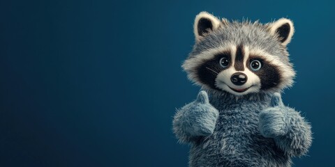 Obraz premium Cheerful Raccoon Plush with Thumbs Up Gesture, Wearing Stylish Attire and Sunglasses, Posed on Blue Background