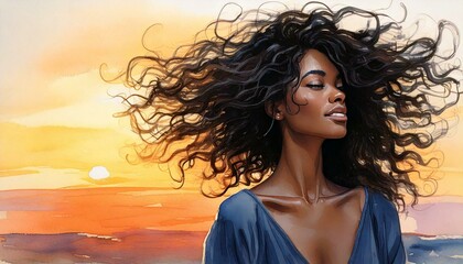 Naklejka premium Illustration of a beautiful girl with curly hair during sunset in nature with her beautiful hair flying in the wind symbolizing freedom and peace