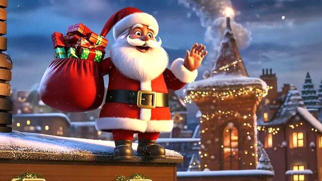 anta Claus, with his iconic red suit and white beard, standing on a snowy rooftop, waving cheerfully at the camera