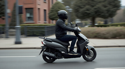 Motorcyclist in black jacket and helmet riding a scooter on the street	
