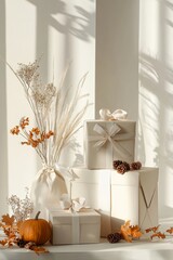 Modern Thanksgiving gift display with neatly wrapped boxes in neutral tones, adorned with minimalistic ribbons and fall-themed decorations on a clean white surface. Copyspace for promotions.
