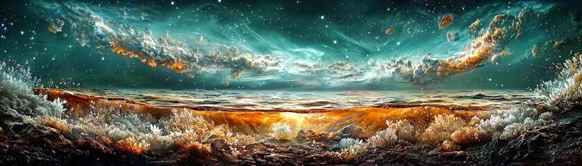 Breathtaking Cosmic Seascape with Vibrant Colors and Celestial Clouds Over a Majestic Horizon of Waves and Light Illuminated by Stars and Etherial Elements