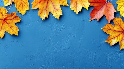 Vibrant Fall Leaves Arranged on a Bright Blue Background, Showcasing the Colors of Autumn in a Beautiful Flat Lay Composition