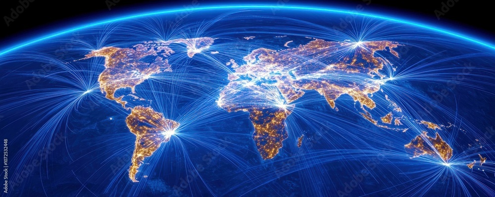 Poster global connectivity concept illustrating network connections and digital communication across contin