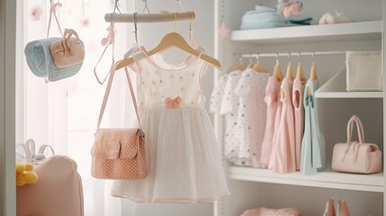 Fashion dress and handbag on hangers in a wardrobe childrens clothing rack with outfits and accessories for a kids wardrobe