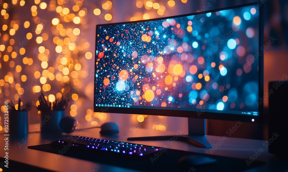 Poster A modern computer monitor with a colorful bokeh background on a desk with a keyboard and mouse, lit by warm string lights.