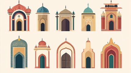 Obraz premium Flat vector icons of mosque gates doors and windows in an oriental style Moroccaninspired Islamic arches logos and mosque icons