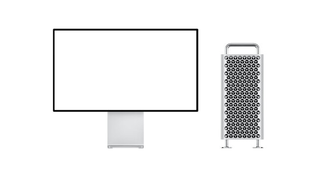 Modern Mac Pro with Apple pro display XDR on white background.  Realistic Vector Image.