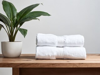 Bright and minimalist bathroom setting with stacked white towels and a potted plant on a wooden table