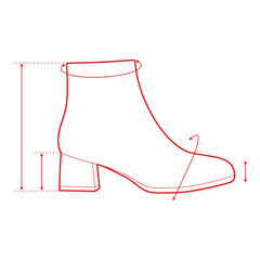 Ankle Boots Technical Drawing with Measurement Points and Size Chart

