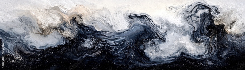 Poster abstract fluid art with swirling patterns in black, white, and gray tones creating a dynamic and ele