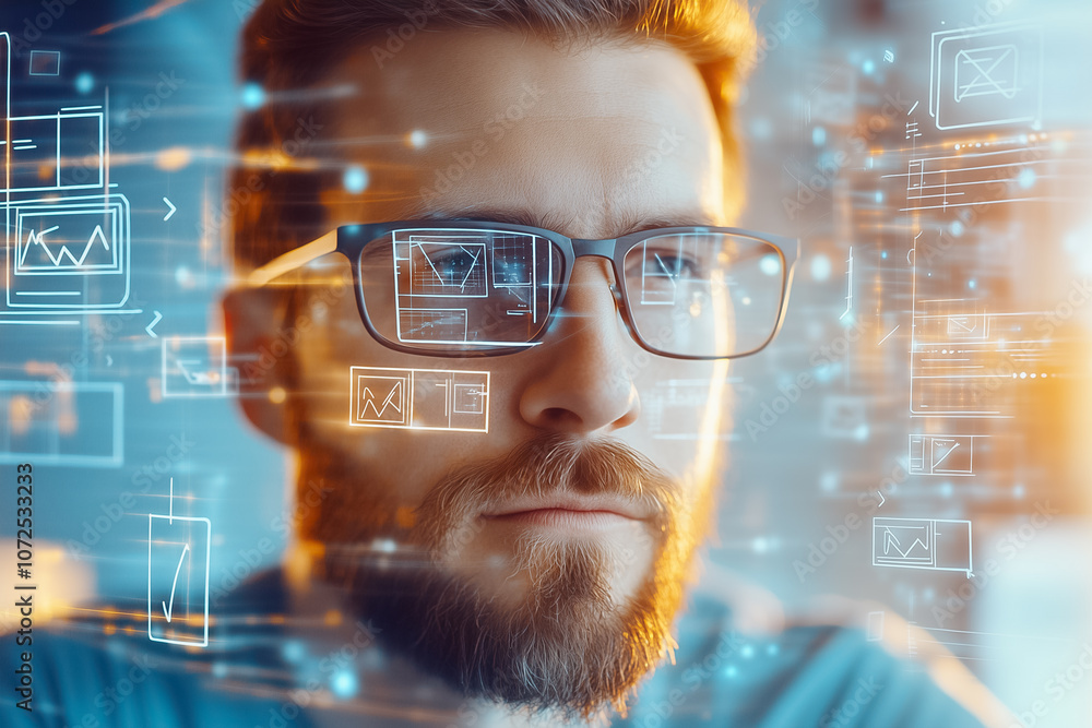 Poster a man with glasses is deeply focused on visual data and charts projected in his workspace during the