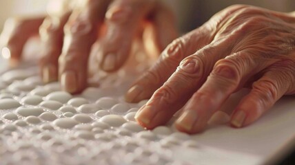 Elderly hands gently tracing braille on textured surface with soft lighting,Low Vision Awareness Month