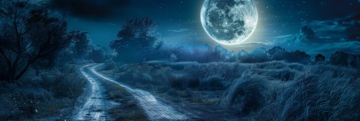 Fantasy Fairy Tale Full Moon Illuminates the Night Road, Shining Moonlight, Road to Huge Moon,