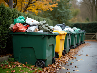 Garbage bins overflowing with refuse, a common sight in residential areas.