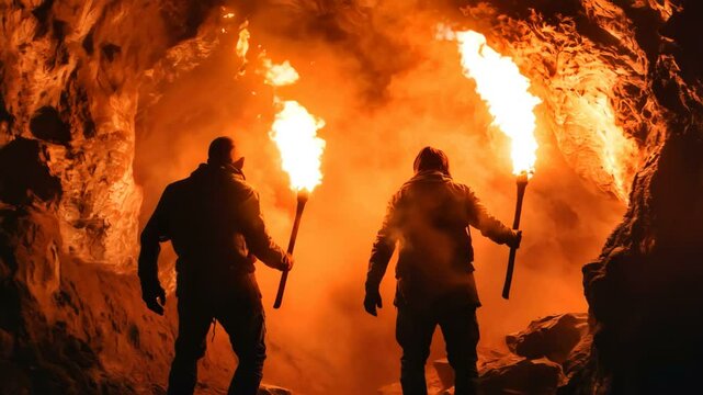 A group of explorers carrying torches, boldly venturing into a mysterious and dark cave filled with intrigue