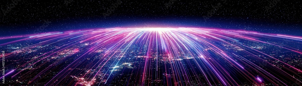 Poster dynamic visual representation of light beams emanating from earth, capturing a vibrant spectrum of c