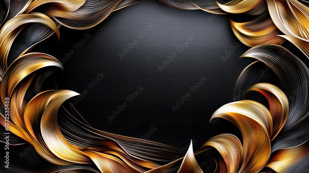 Poster elegant and dynamic swirling gold and black abstract background with flowing curves for creative and