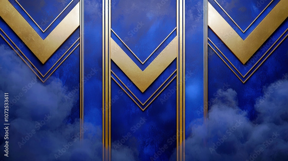 Poster elegant blue background with gold geometric shapes and soft clouds for high-end design and branding 