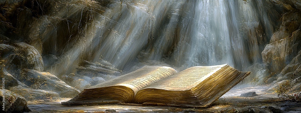 Poster radiant light illuminating an open ancient book resting on the ground surrounded by nature, symboliz