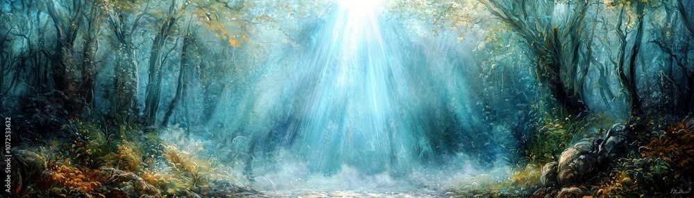 Aufkleber ethereal forest landscape with soft sunlight filtering through trees creating a mystical atmosphere 