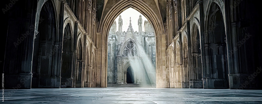 Poster serene gothic architecture with light streaming through arches, captivating view of intricate design