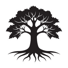 Bold Black Tree Silhouette with Spreading Roots and Branches