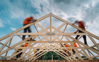 Clear image of a wooden truss on a roof frame, with blurred figures of workers securing it in the background.