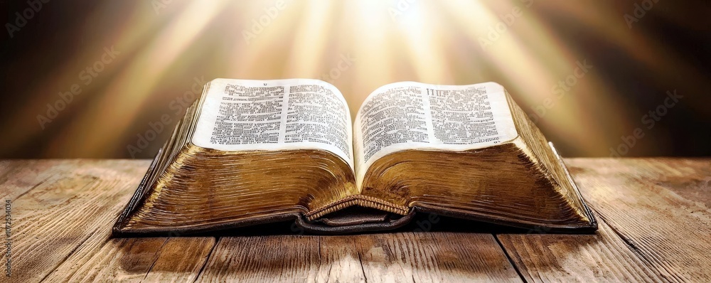 Poster Open Book with Pages Exposed, Illuminated by Rays of Light, Symbolizing Knowledge and Enlightenment on a Wooden Table Surface