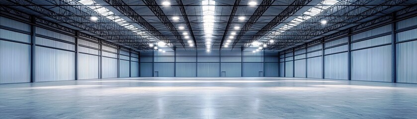 Obraz premium Spacious and Modern Industrial Warehouse Interior with High Ceilings, Bright LED Lighting, and Clean Concrete Flooring Ideal for Storage or Manufacturing Operations