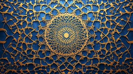 Golden art deco template inspired by Islamic and Arabic culture gold ornamental frame on a business blue gradient background