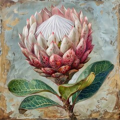 Fototapeta premium Protea Flower Vintage Painting, One African Protea