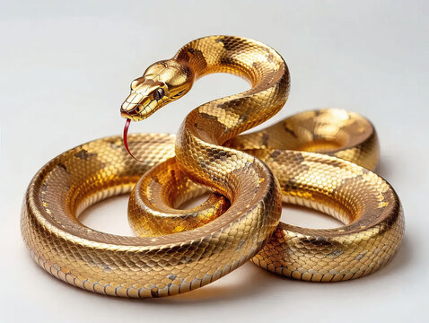 Golden snake coiled in a spiral on a white background. Predatory amphibian, symbol of Chinese New Year 2025