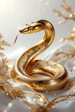 Golden snake coiled in a spiral on a white background. Vertical postcard. Predatory amphibian, symbol of Chinese New Year 2025