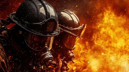 Two firefighters stand resolutely against a backdrop of flames, showcasing bravery and determination amidst a dangerous blaze.