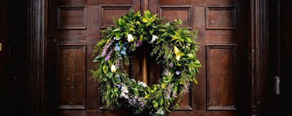 A beautifully crafted floral wreath adorned with fresh greenery and blooms is displayed against a rustic wooden door