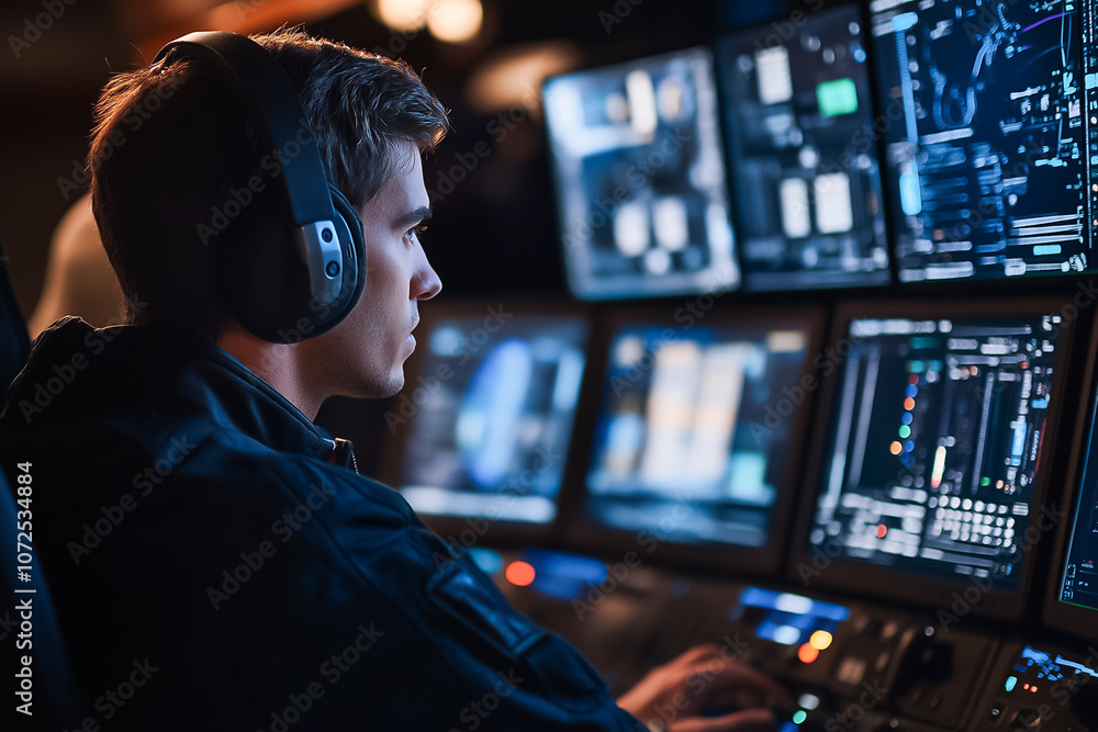 Poster a person is intently analyzing complex data displayed on numerous digital screens in a control room